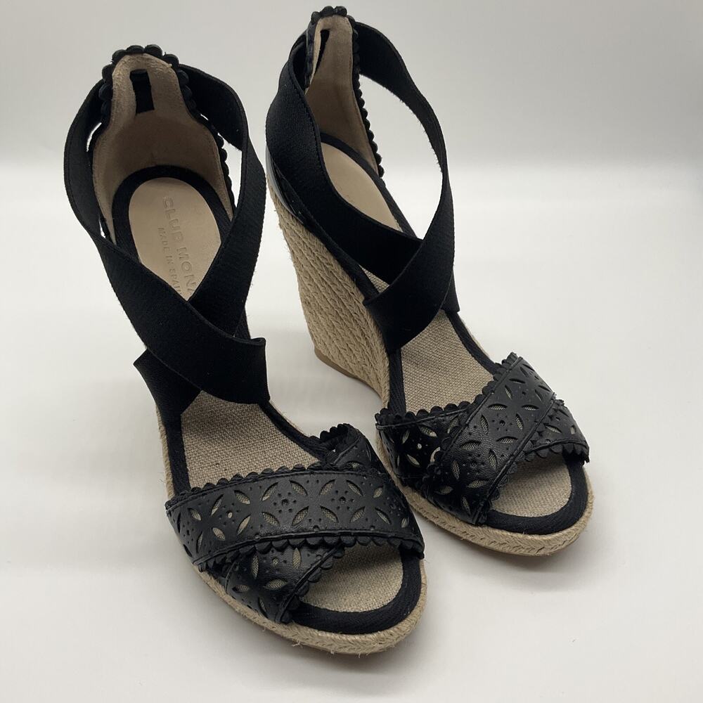 Black Wedge Espadrille Sandals Laser‑Cut Faux Leather Club Monaco Size 7.5‎ US